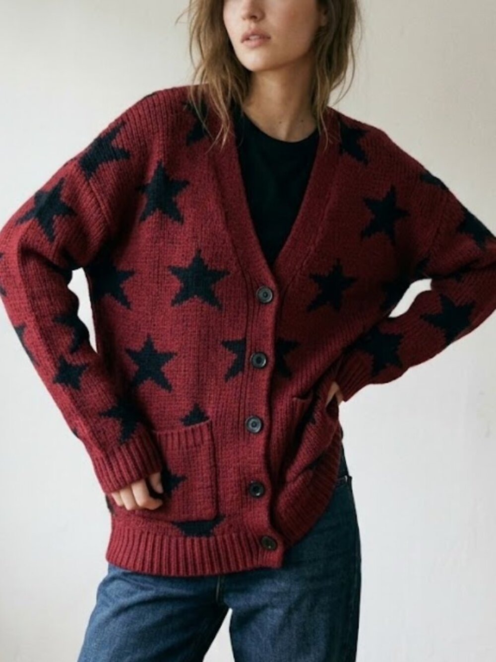 NWT Zara Trafaluc Chunky Knit Star Pattern Cardigan Sweater Burgundy Black M